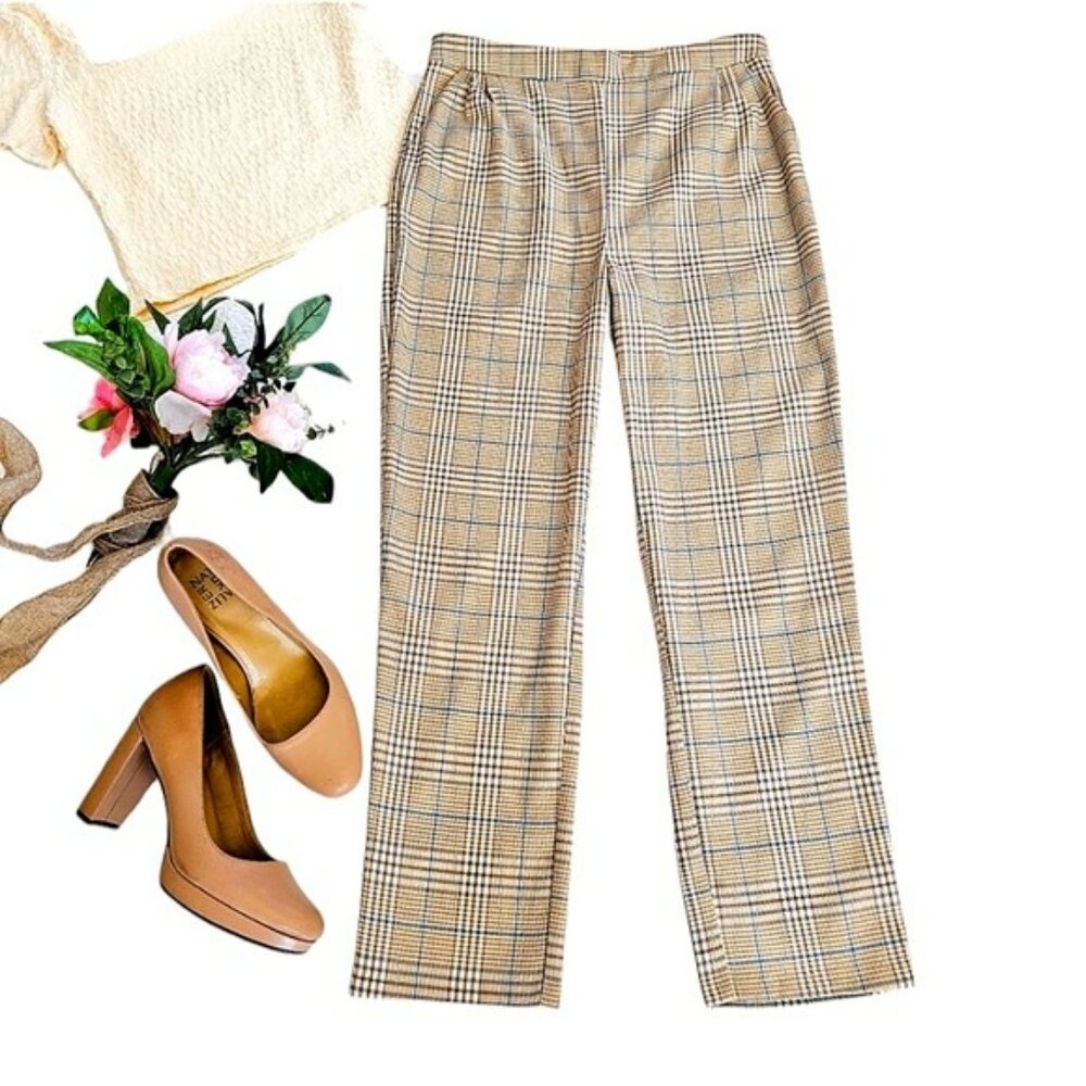 Lulus Women's Dress Pants Size Large Cream Tan Blue Plaid Herringbone Trousers